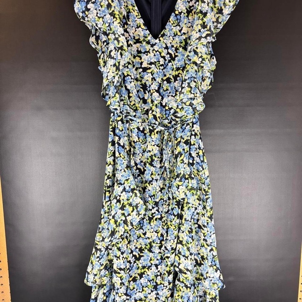 Tommy Hilfiger blue, white & green floral print dress with ruffle sleeves